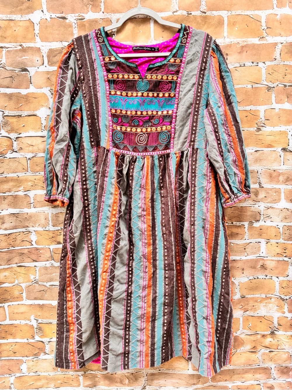 Gudrun Sjoden XL woven metallic cotton wool Embroidered Stripe kurta Dress - Picture 2 of 6